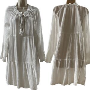 J. Crew ~ White sheer dress ~ tassel ties ~ smocking detail on sleeves ~ size L